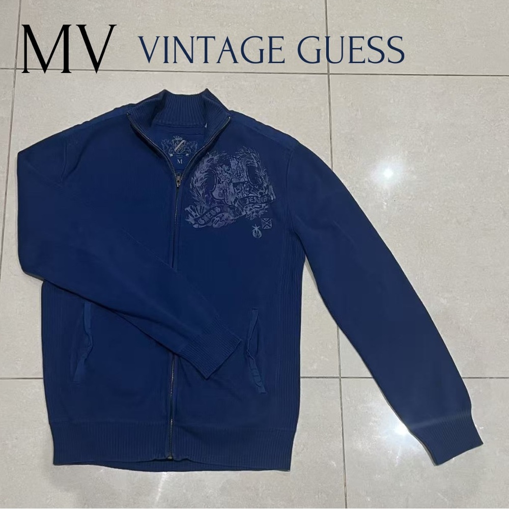 Vintage Guess Zipup Sweater- Blue, Medium, Aesthetic Design